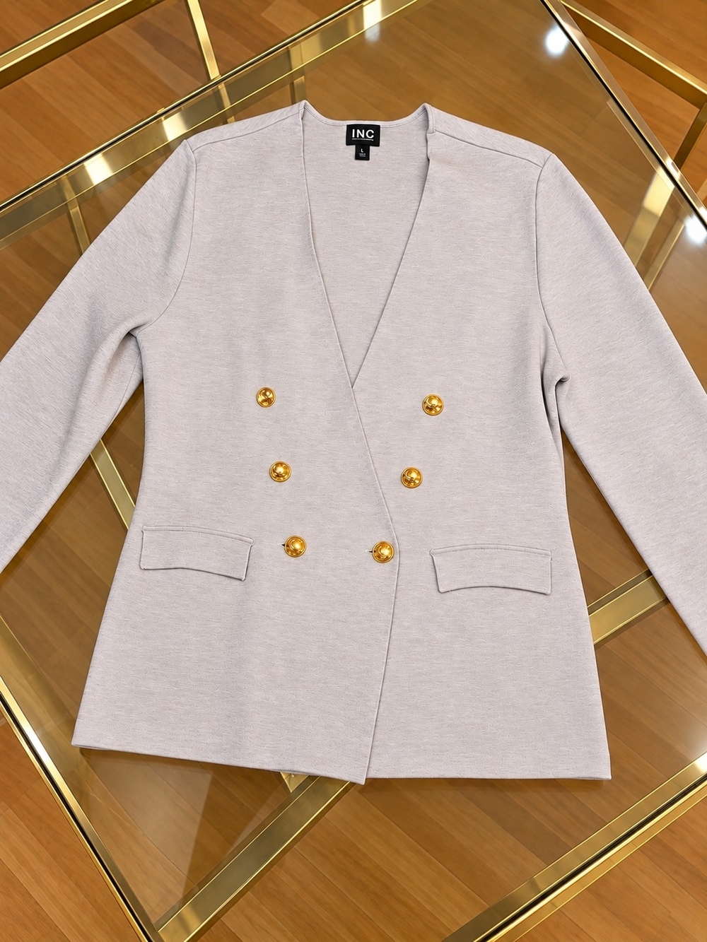 INC Light Grey w/Gold Button Sweater Blazer Jacket Size L